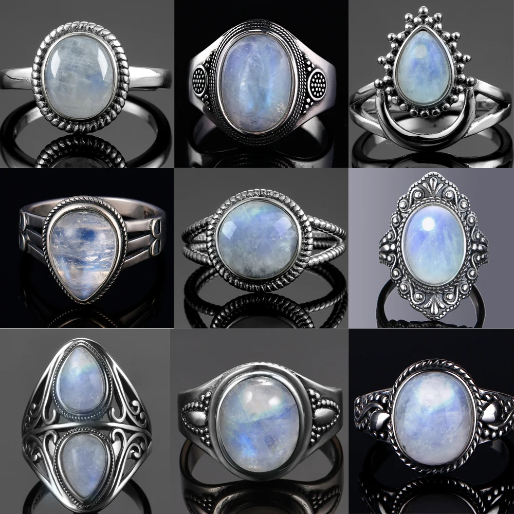 Round Oval Big Natural Moonstones Rings Women\'s 925 Sterling Silver Rings Gifts Vintage Fine Jewelry