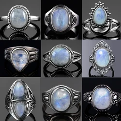 Round Oval Big Natural Moonstones Rings Women's 925 Sterling Silver Rings Gifts Vintage Fine Jewelry