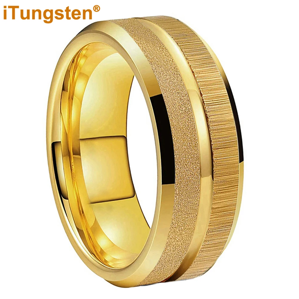 

iTungsten 6mm 8mm Sandblasted Finish 14K Gold Plated Tungsten Ring for Men Women Fashion Engagement Wedding Band Comfort Fit