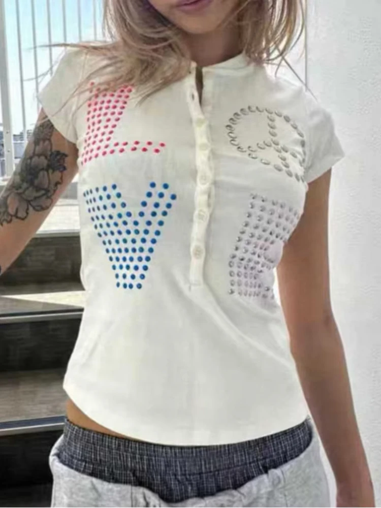 Vintage Y2K Punk Slim Women T-shirts Multicolored Rhinestone LOVE Peace Print Stand Collar Half Placket Casual Short Sleeve Tops