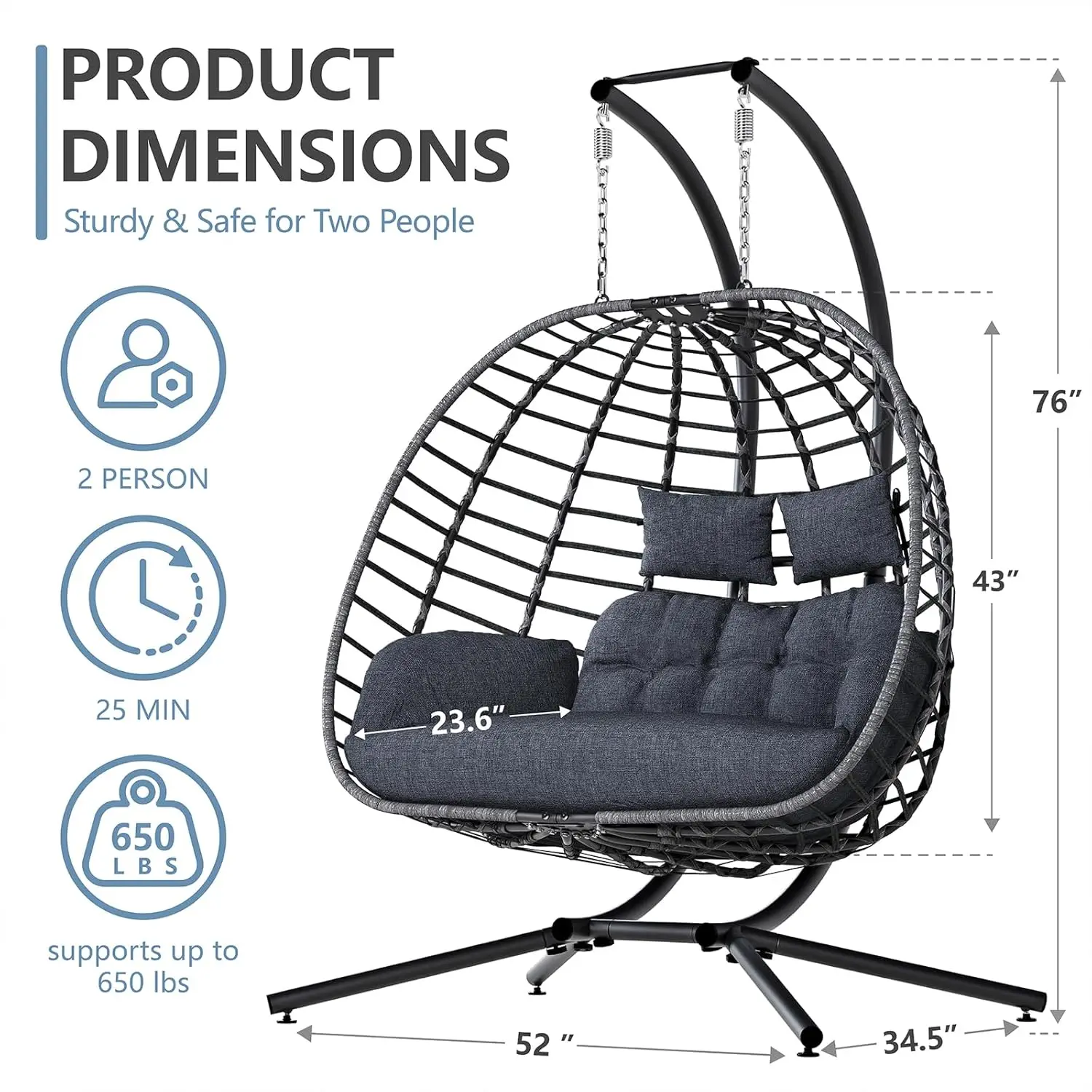 Double Egg Swing Chair with Stand, Outdoor Patio 2 Person Hanging Wicker Hammock Chairs with Cushion for Indoor, Customized