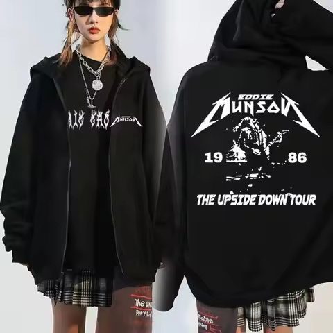 Washed Vintage Eddie Munson Zip-up Hoodie Men Women Demogorgon Cannibal Flower Monster Oversized Streetwear Zipper Sweatshirts