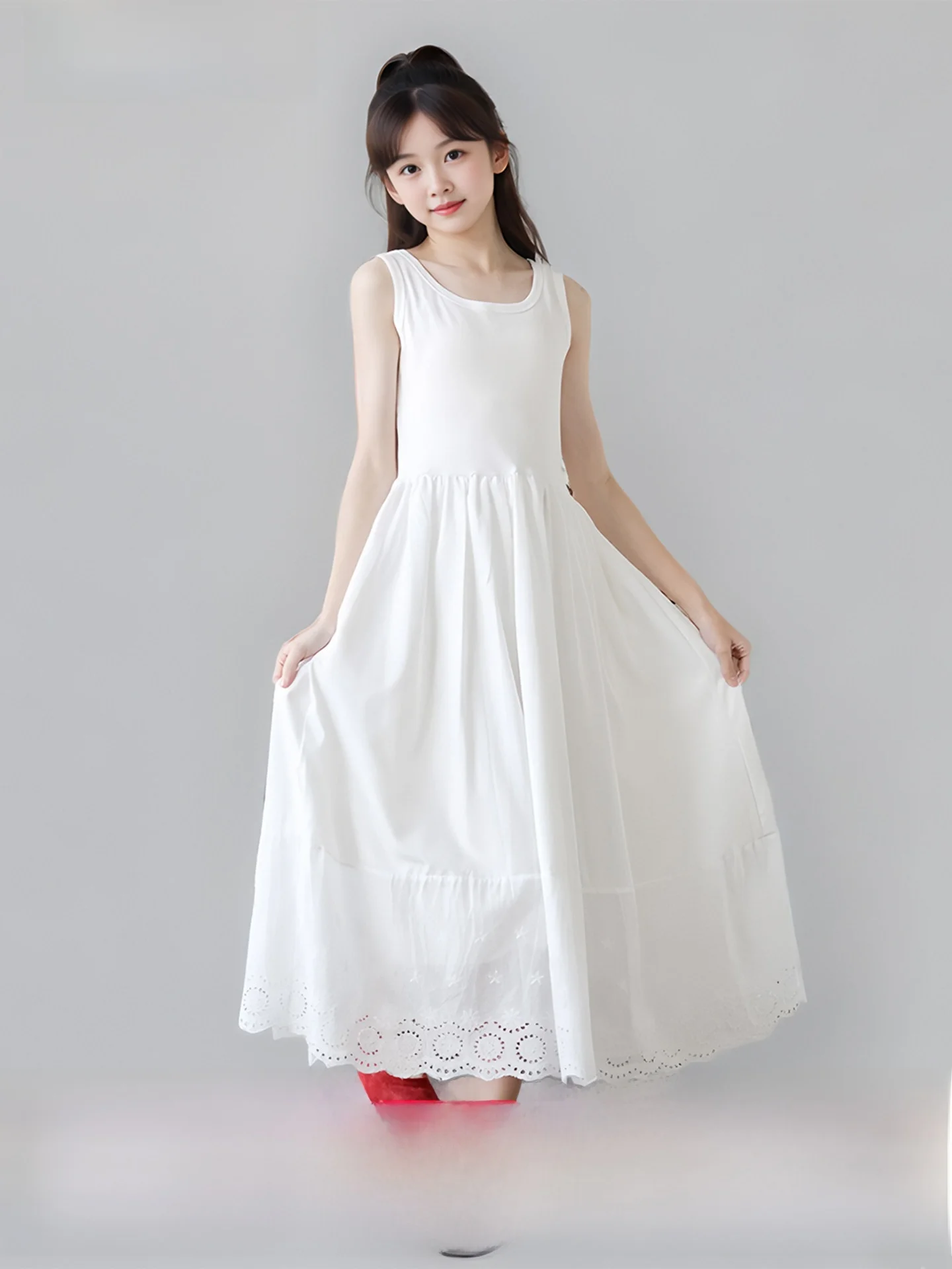 女の子おとぎ話スタイルノースリーブドレス夏休みプリンセススカート綿混紡生地ハイウエストロングドレスソフトで快適