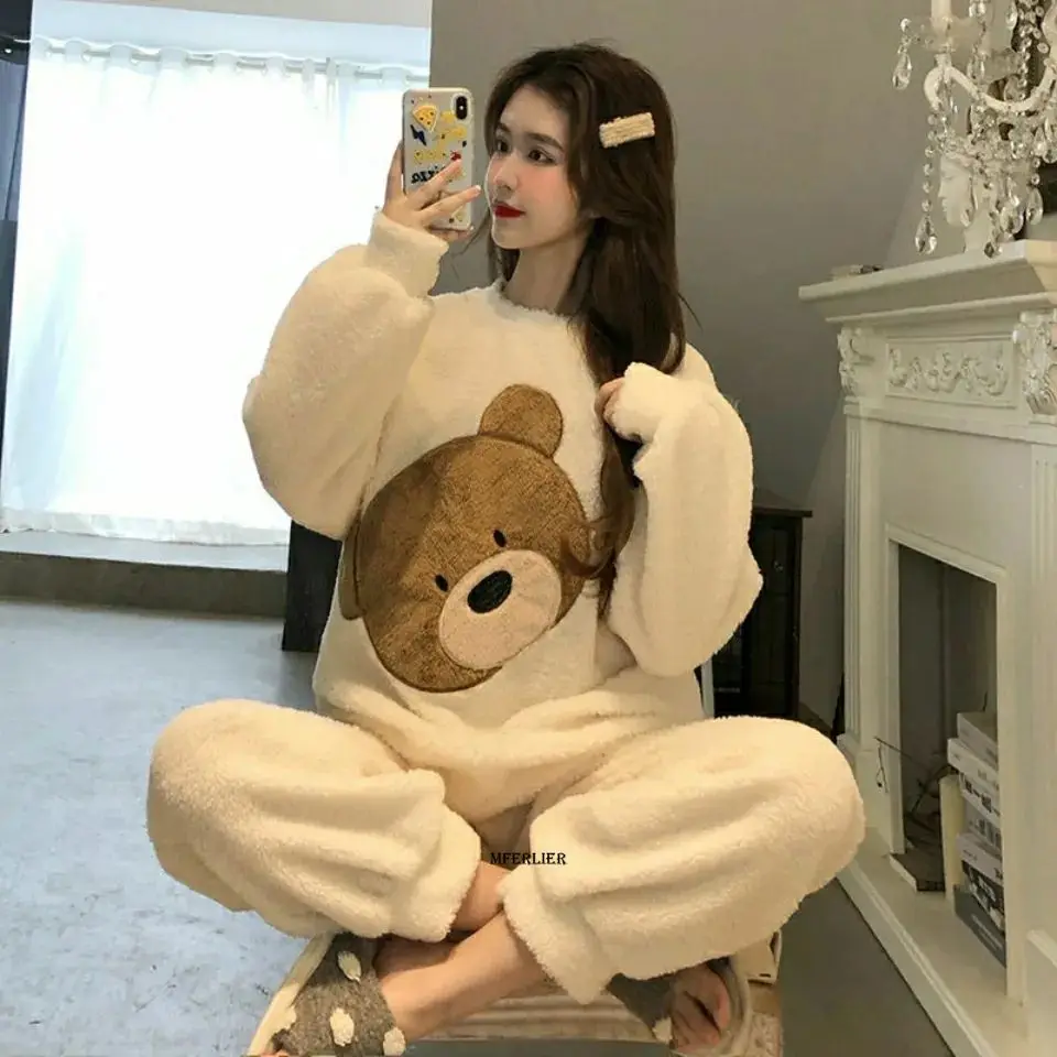 Plus Size 6XL Autumn Winter Warm Sleepwear Sets Long Sleeve Women Long Johns Soft Loose Outerwear Home Coral Fleece Suits