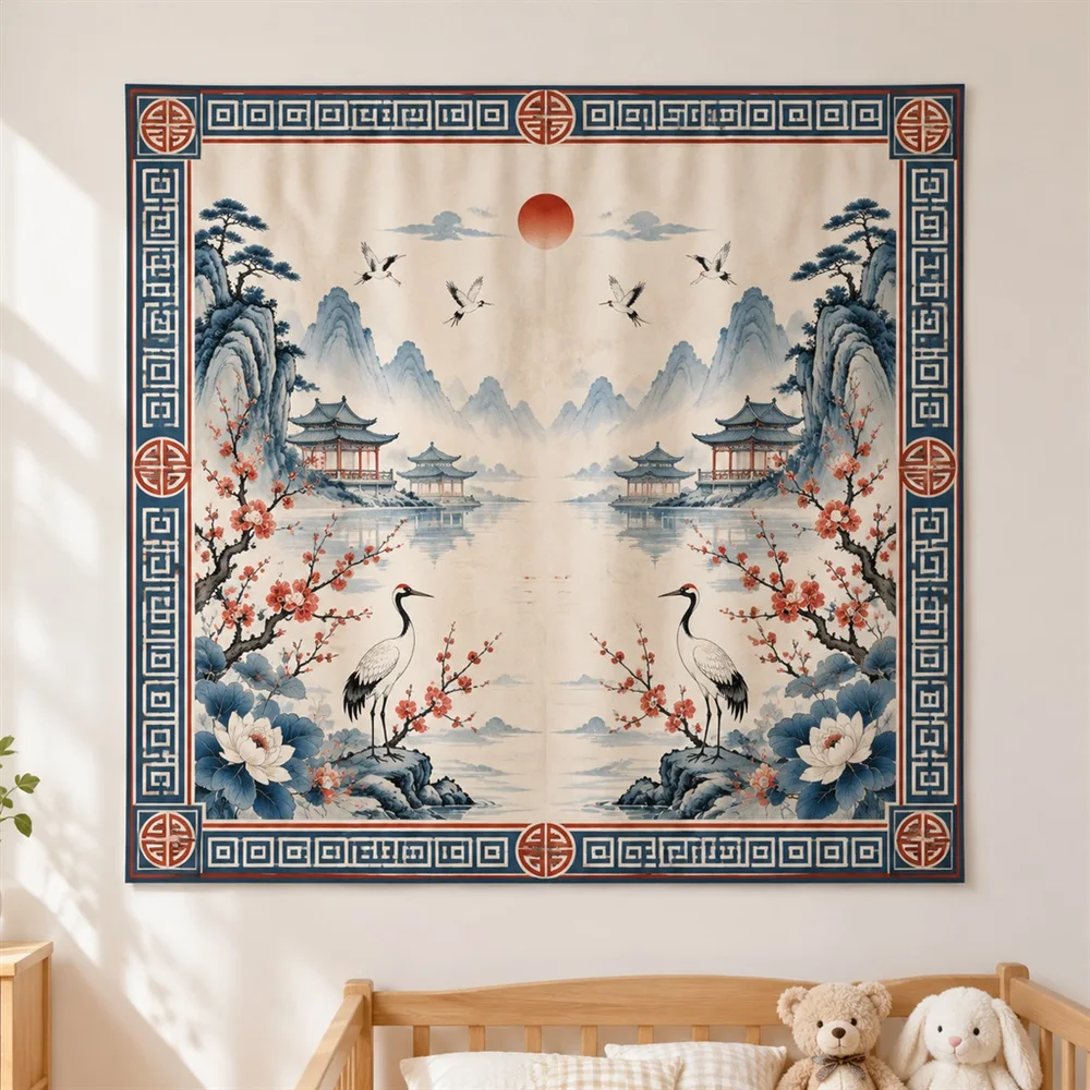 VIKAMA Chinese Fret Pattern Mirror Symmetric Tapestry Wall Hanging, Oriental Wall Decor Tapestries for Living Room Bedroom