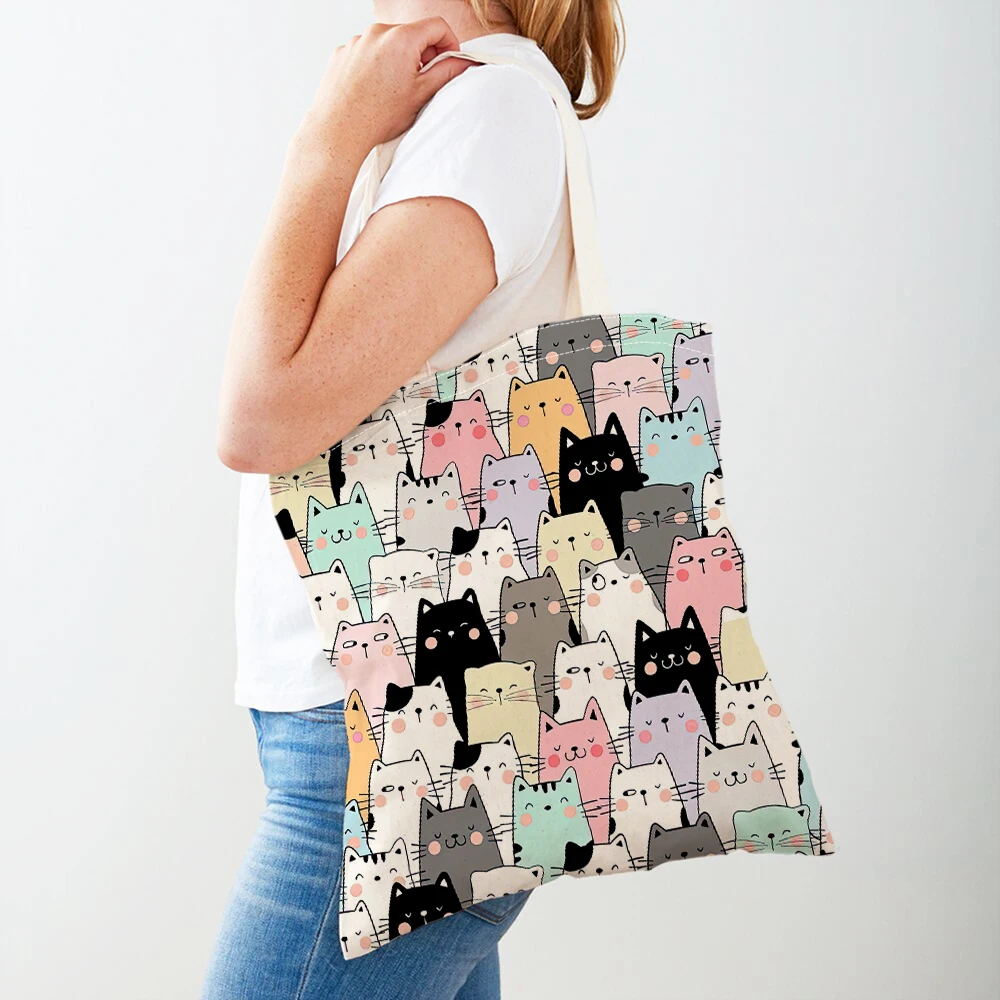 Fashion Cartoon Coffee Cat Women Tote Handbag Pet Animal Double Print Canvas Lady Shopping Bag Children Shoulder Tote