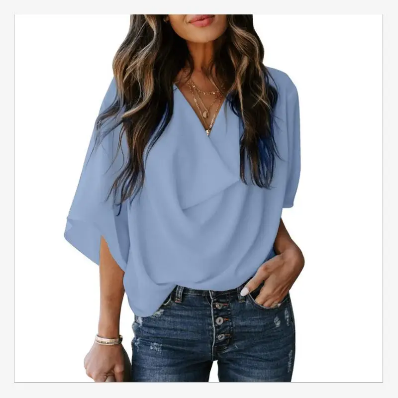 Verano viaje Casual suelto ort Sve irt Faionable azul claro Overhead Sle mujer ropa Premium Top