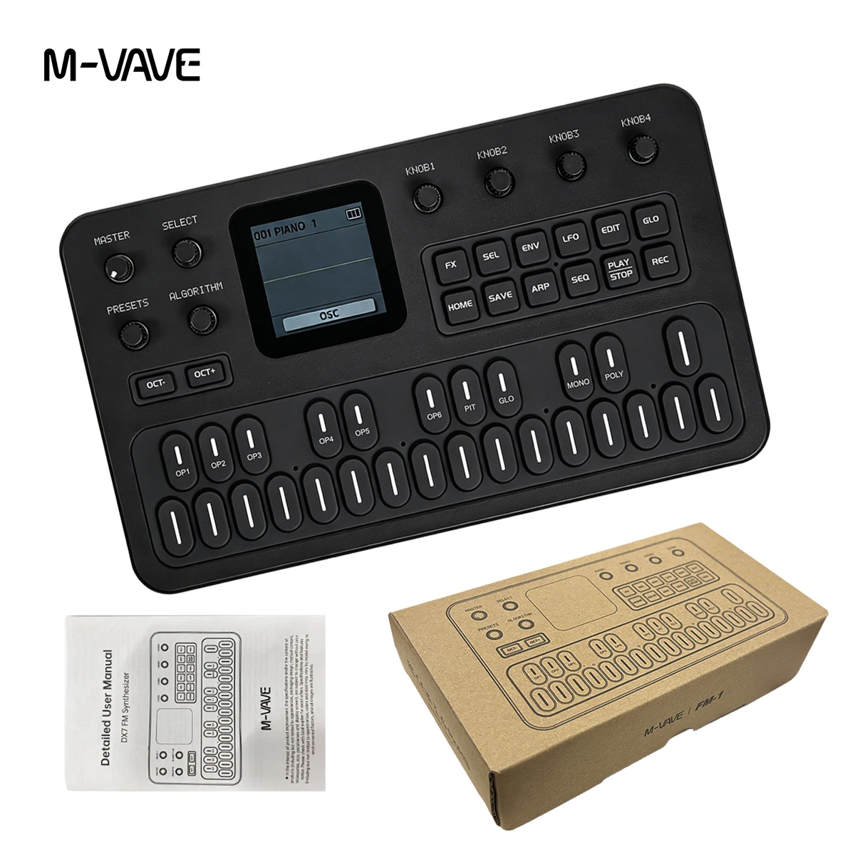 M-VAVE FM1(SK15) Black Portable FM-1 Synth 6-Operator Engine 32 Algorithms, 128 Sounds, Effects, Arpeggiator, USB/Bluetooth MIDI