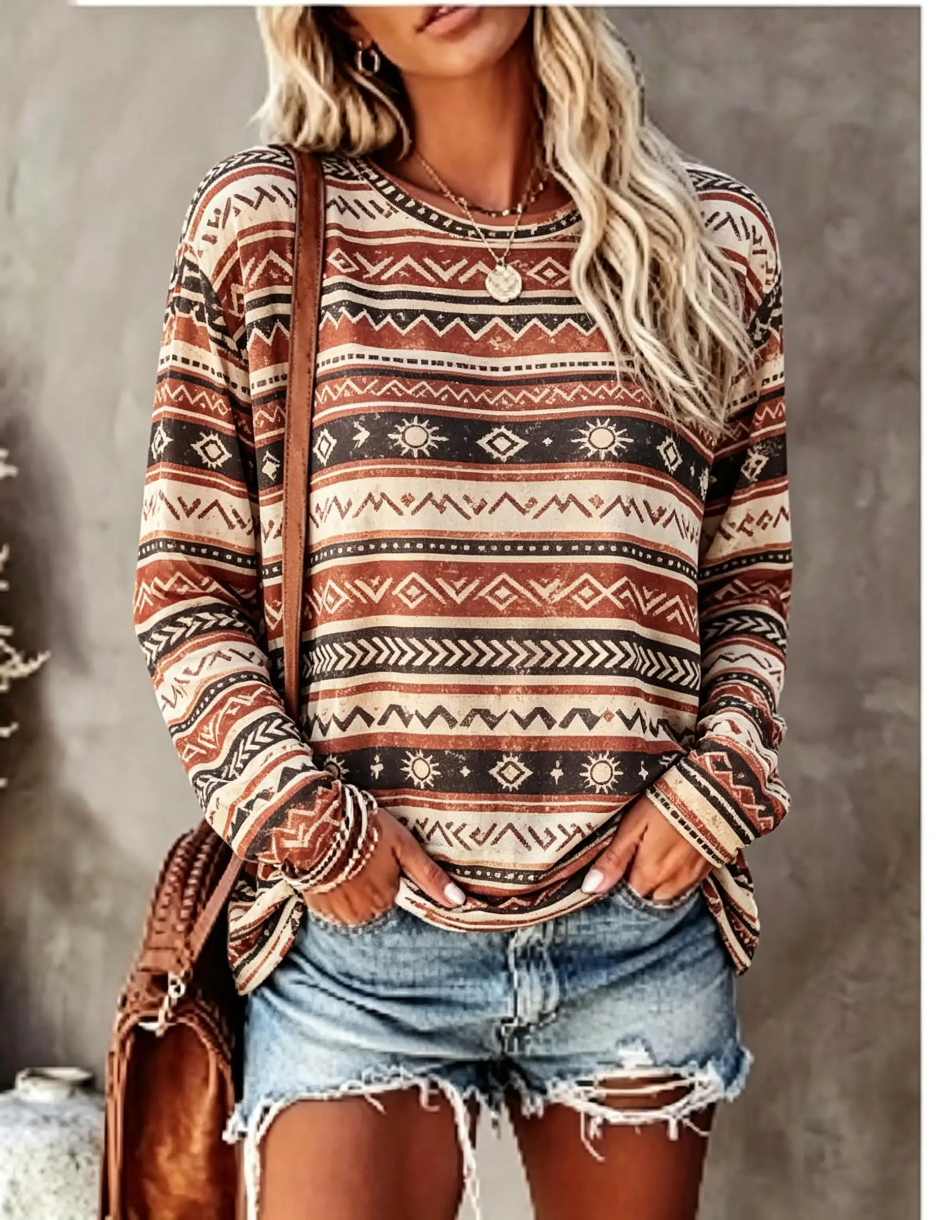 Women Long Sleeve T Shirt Vintage Blue White Aztec Geometric Stripe Print Crew Neck Casual Fall Tops image 3