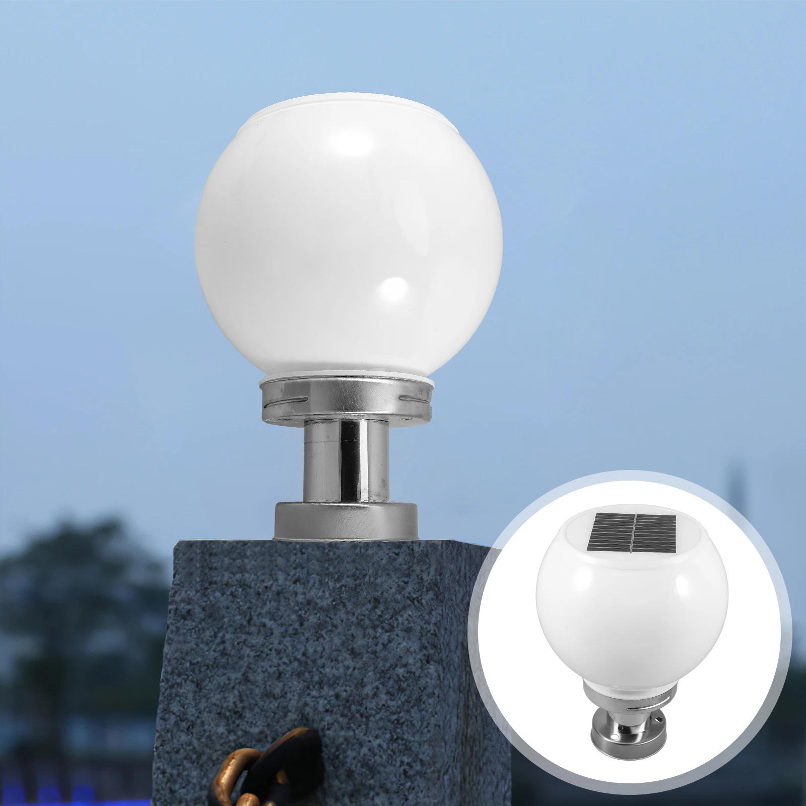 

Solar Post Lamp Silver Base Round Column Lights Fence Globe Outdoor Waterproof Garden Decoration Full Solar Powered High