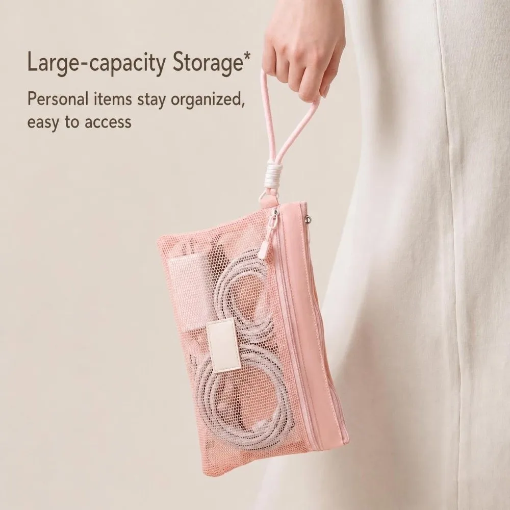 Multi-functional Grid Mesh Makeup Bag Double Zipper Large Capacity Coin Purse Sundries Organizer for Women Girls