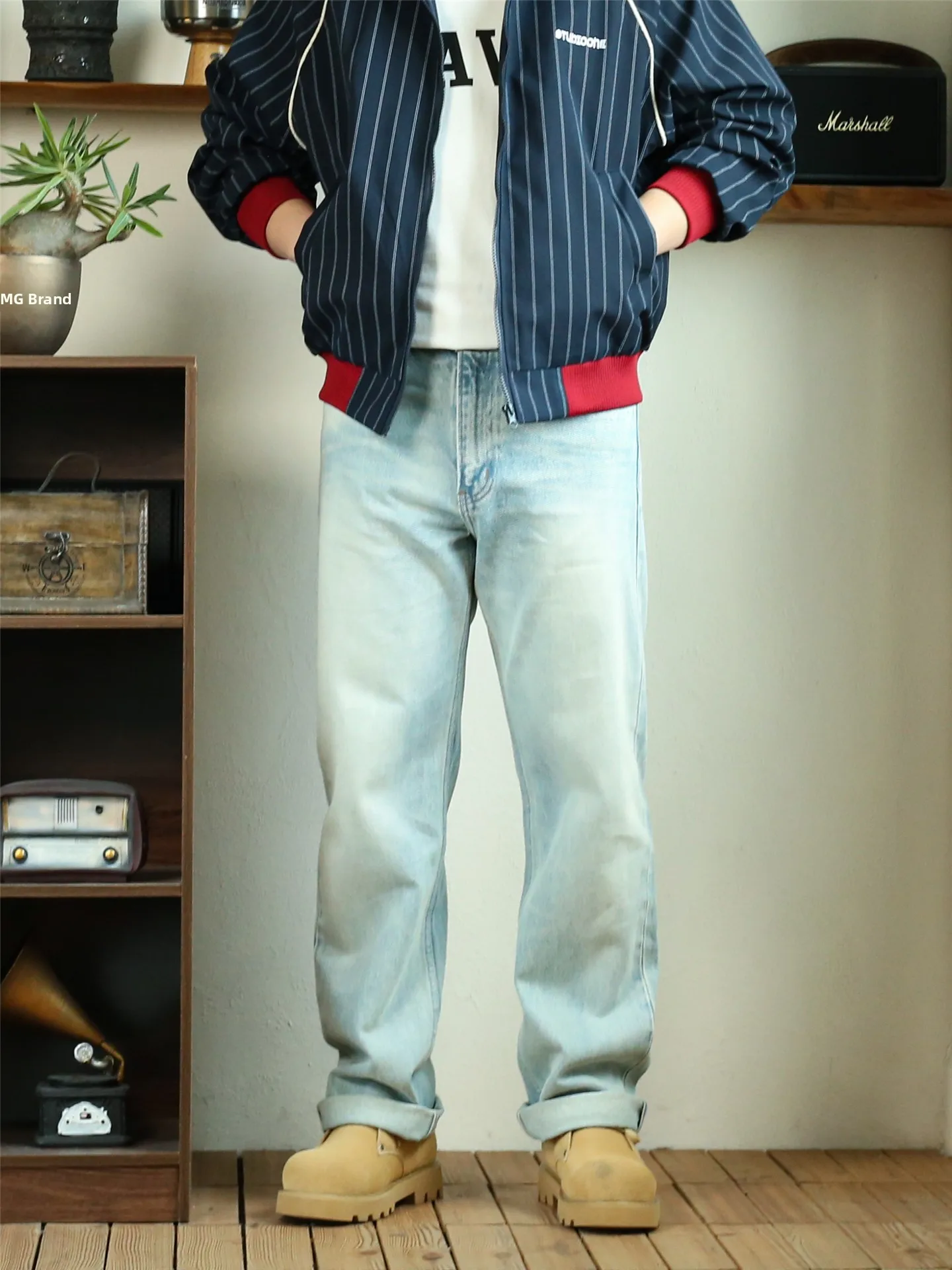 

High-End Ice Blue Cotton Denim Jeans Loose Straight American Retro Men's Long Pants Spring Autumn Mid-Waist Vintage Waed