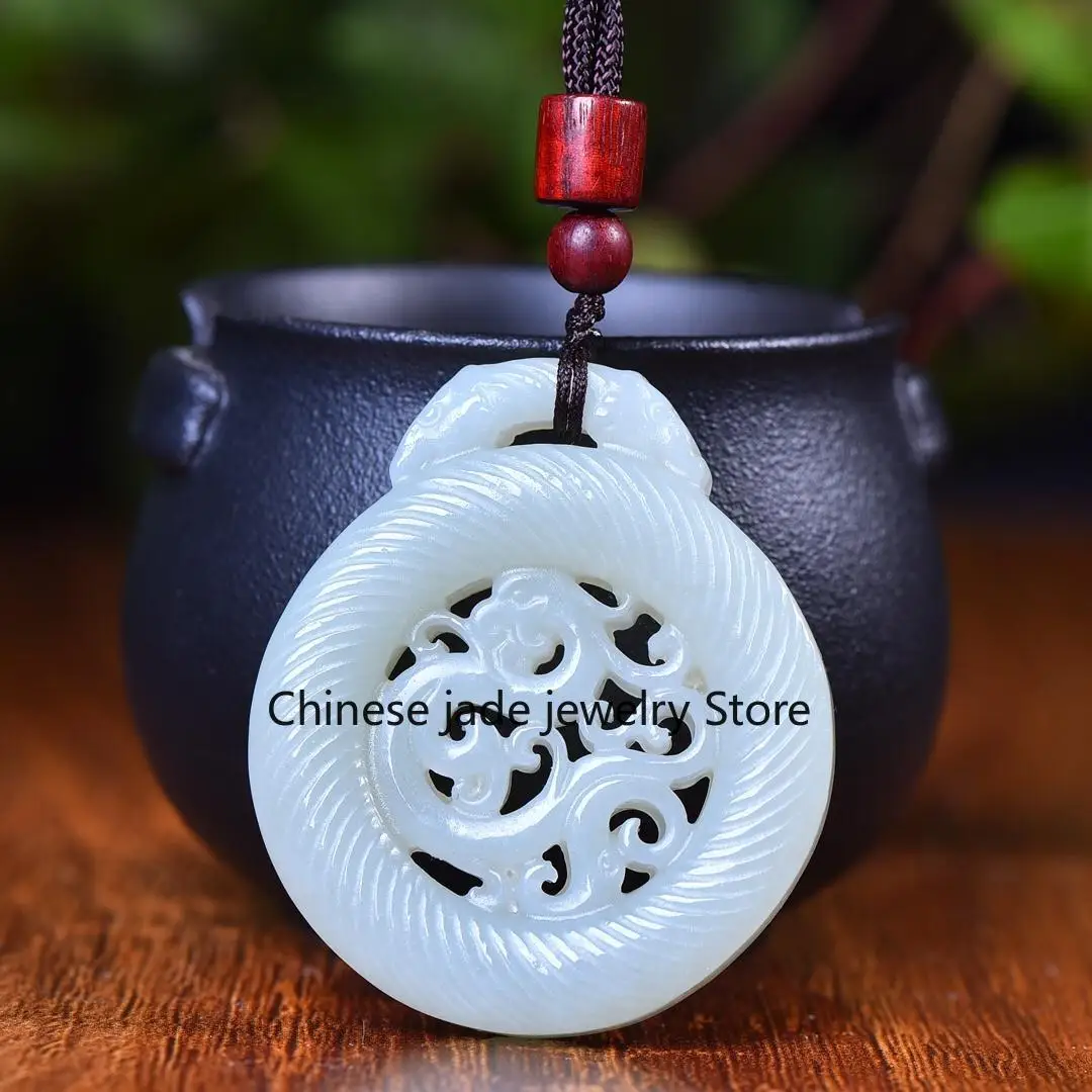 Natural genuine Hetian antique phoenix pendant, blue and white hollow double-sided engraved pendant, women's