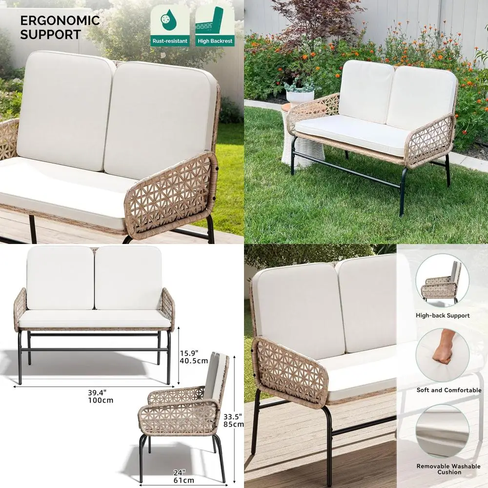 

Всепогодный плетеный диван-софа для патио с подушками, подходит для использования на открытом воздухе, светло-коричневый и бежевый