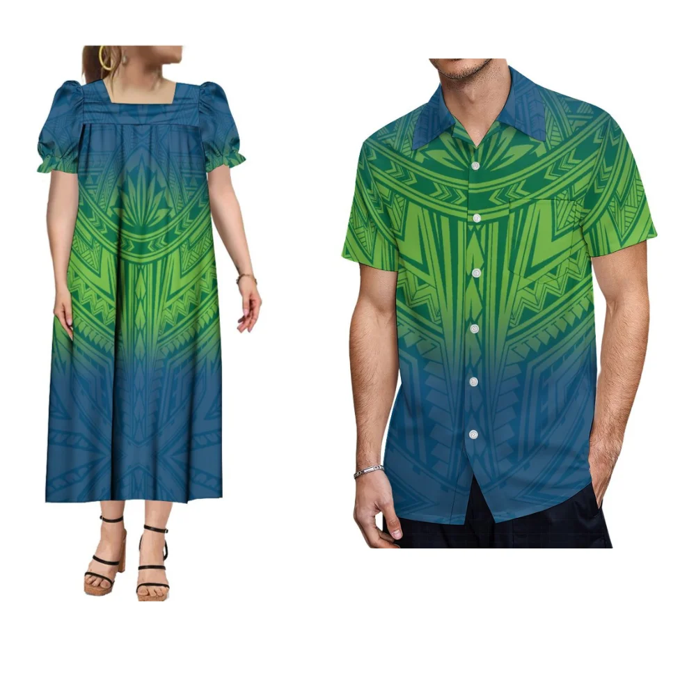 

2023 New Design Summer Polynesian Tribal Print Custom Casual Dress Fashion Couple Puff Sleeve Women's Dress With Men's Shirt