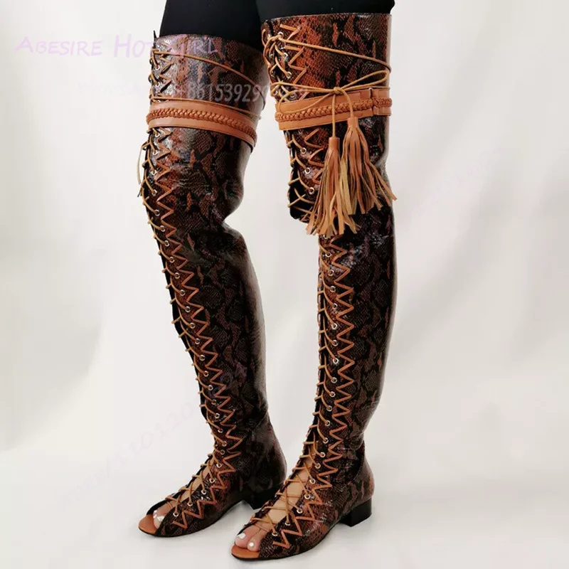 Brown Snake Print Thigh Boots Women Flats Autumn Black Leather Round Toe Pants Tie Tassel-Tie Zipper Booties Cool Fashion Shoes