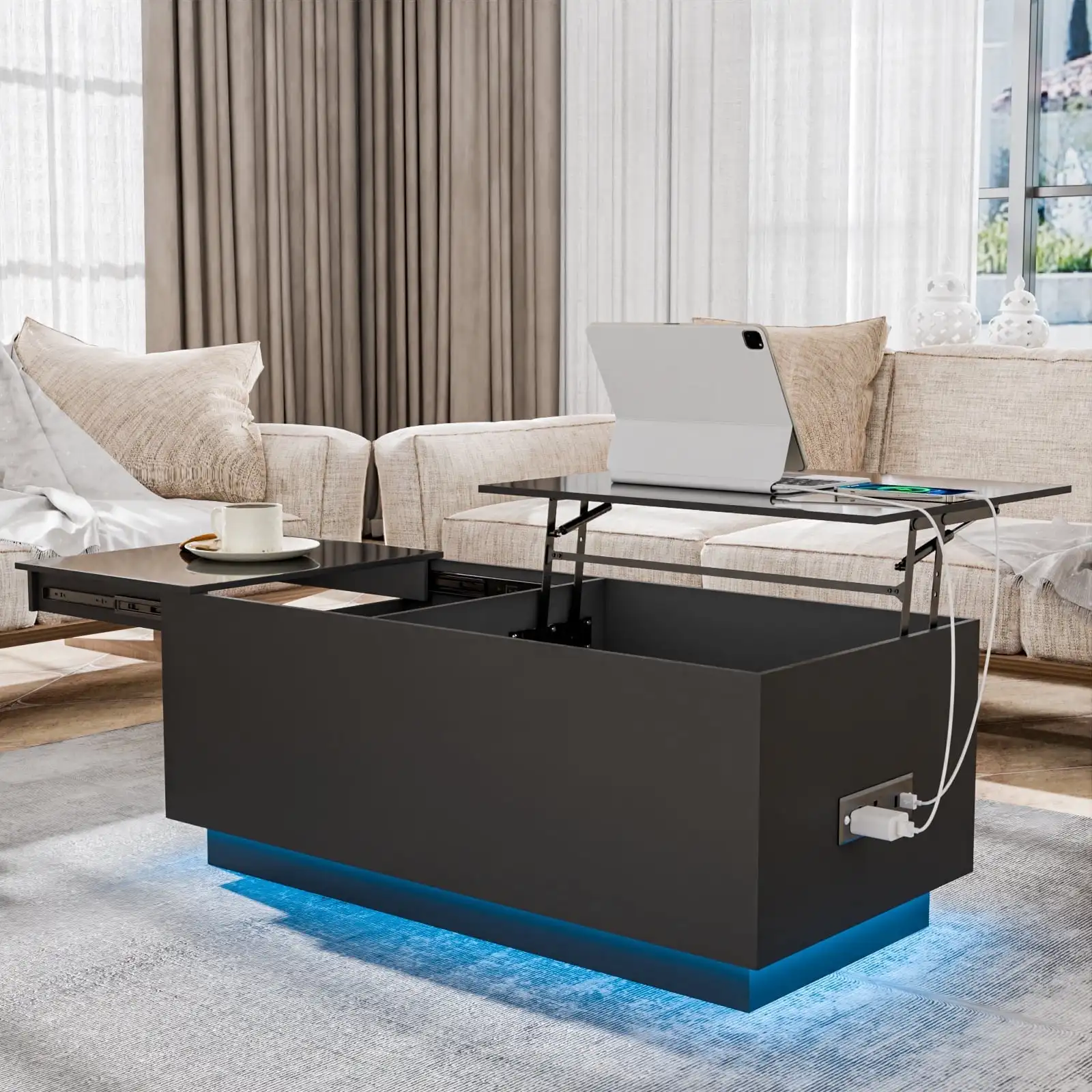 LED Coffee Table with USB Ports and Outlets Lift Top Coffee Tables with Storage High Modern Center Table for Living Dining Room