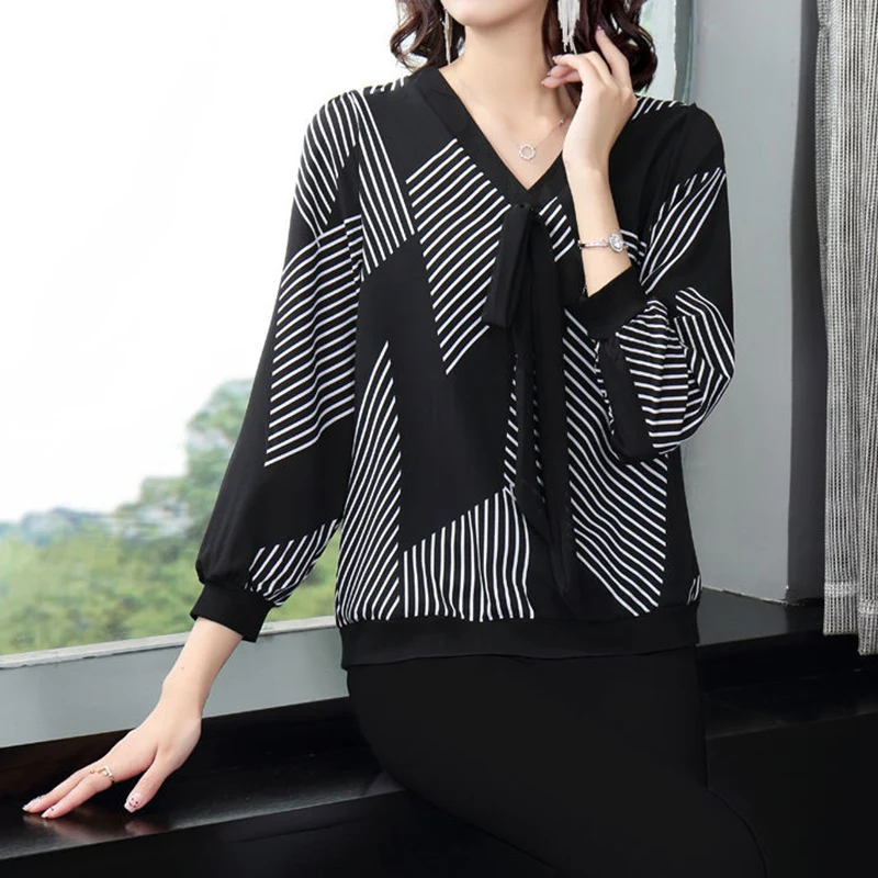 Office Lady Vintage Striped Printing Drawstring T-shirt Autumn 2022 Long Sleeve V-Neck Loose Oversized Pullovers Ladies Clothing