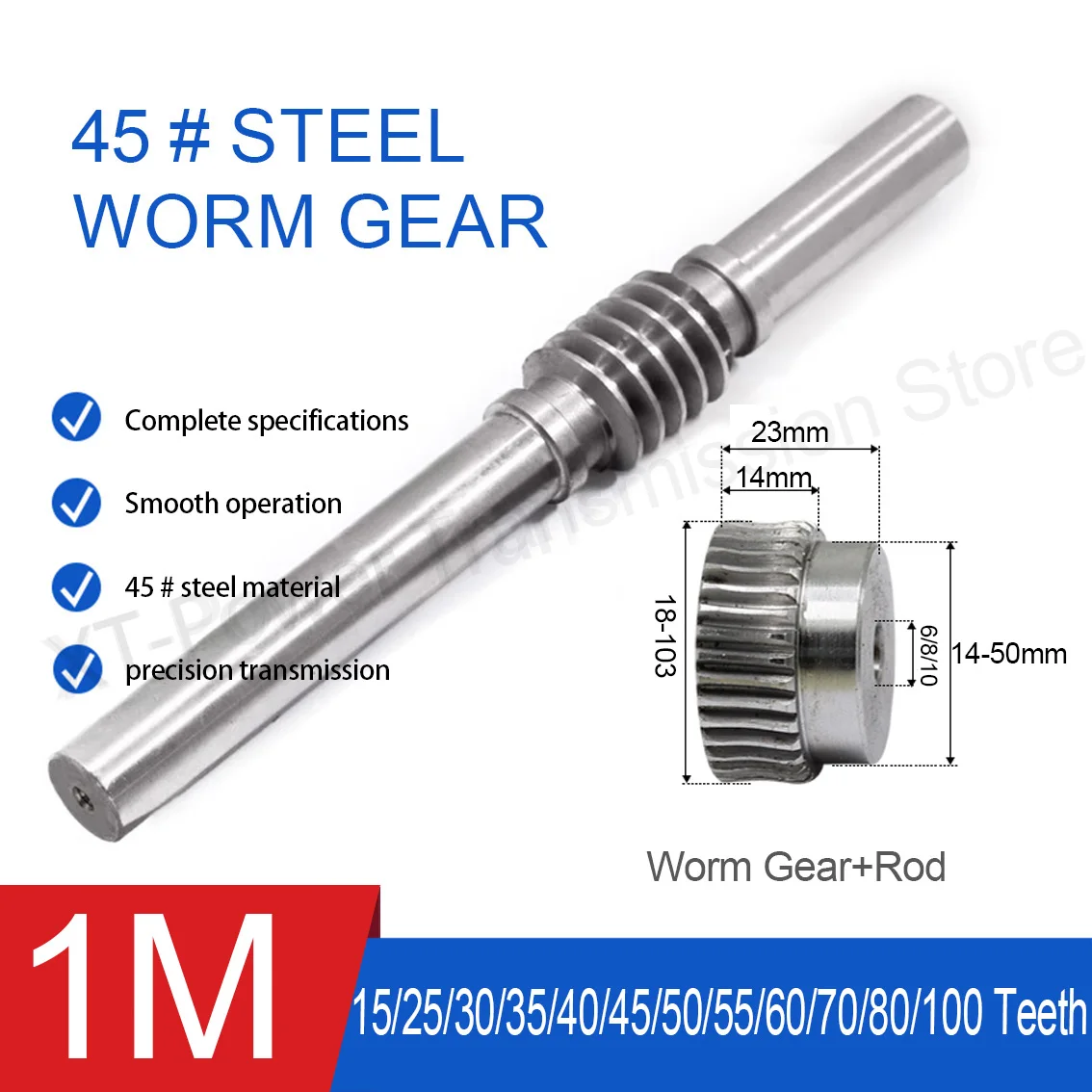 1Pcs 1Mod Carbon Steel Urbine Worm Gear 15-100 Teeth Bore 6mm Gear+Worm Rod Mechanical Drive Transmission Gearbox Turbine Set