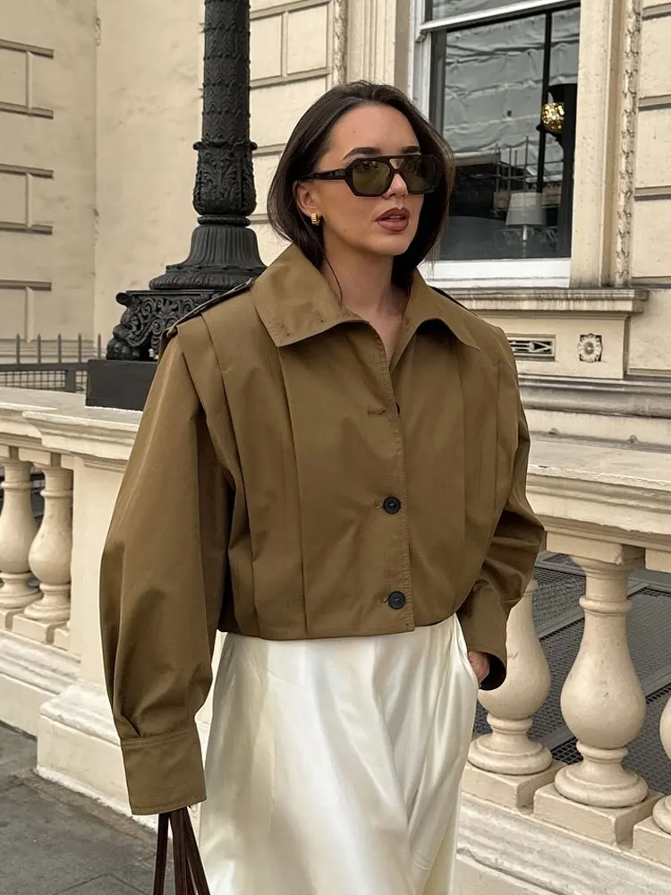 

HH женская уличная модная куртка с длинными рукавами и лацканами, однобортное винтажное однотонное плиссированное повседневное укороченное пальто с высоким воротником