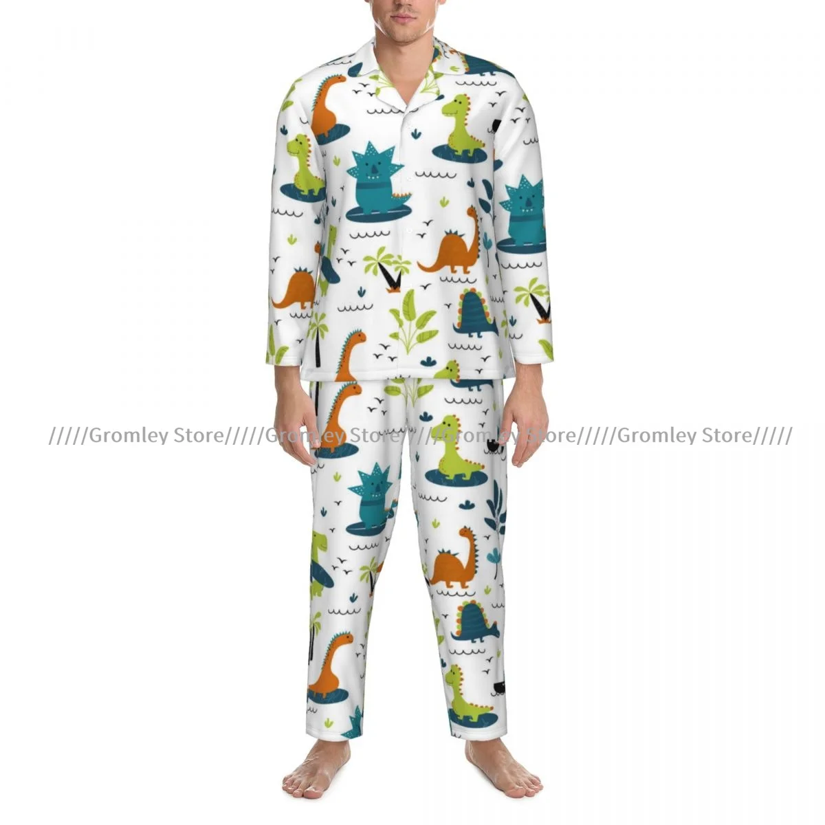 Mens Pajamas Sets Home Suits Dinosaur Cute Kids Pattern Sleepwear Loose Homewear Long-sleeved Casual Sets