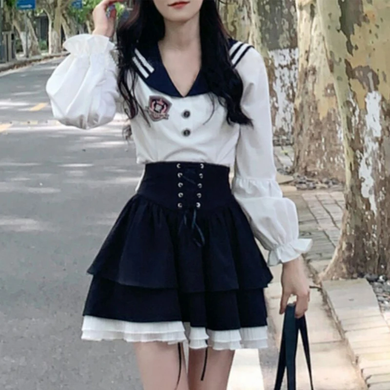 Sweet Lolita Style 2 Piece Skirt Set Women Kawaii Sailor Collar Shirts Slim Mini Skirts Female Korean Fashion JK Uniform Outfit