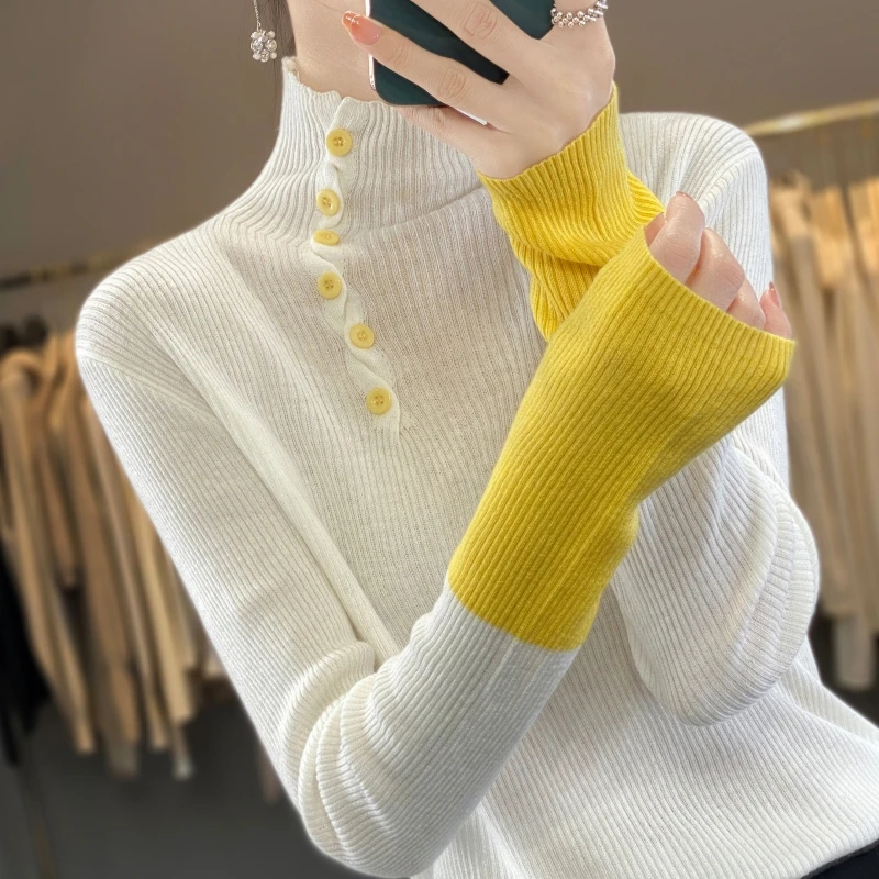 

New Half High Collar Spinning Woolen Sweater Women's Colored Fashion Sweater Slim Fit Long Sleeve Underlay Knitted Bottom