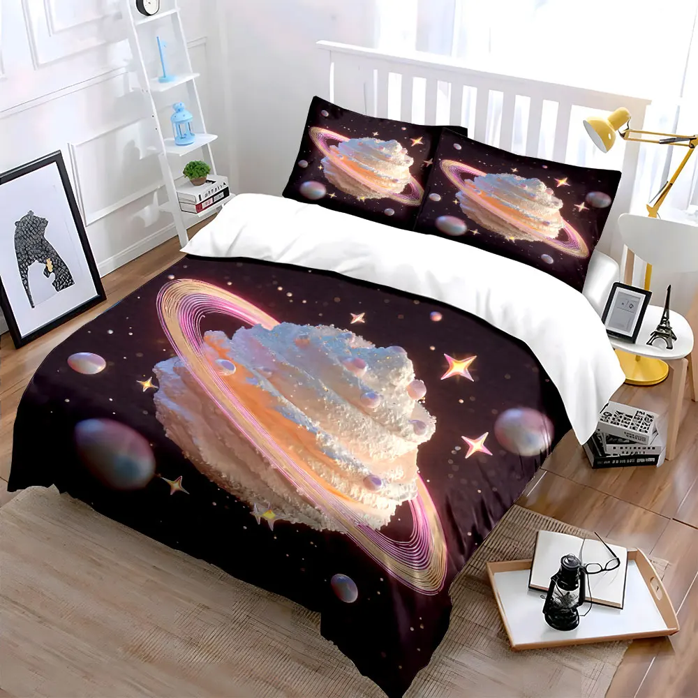 Whipped Cream Saturn Planet Dessert Duvet Cover Set, Pastel Galaxy Girly Bedding Includes 1 Duvet Cover And 2 Pillowcase, Gift