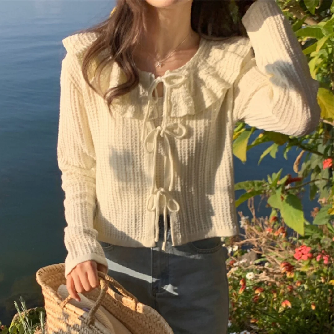 Pink Ruffle Sve Sweater And Tank Top Set Sweet Baby Collar Knittedwear for Women Spring Autumn Long Sve ort Length