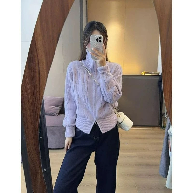 

new style fashionable good-looking French sweater coats Solid color double-zipper high-neck tweed cardigan for women 2026 winter