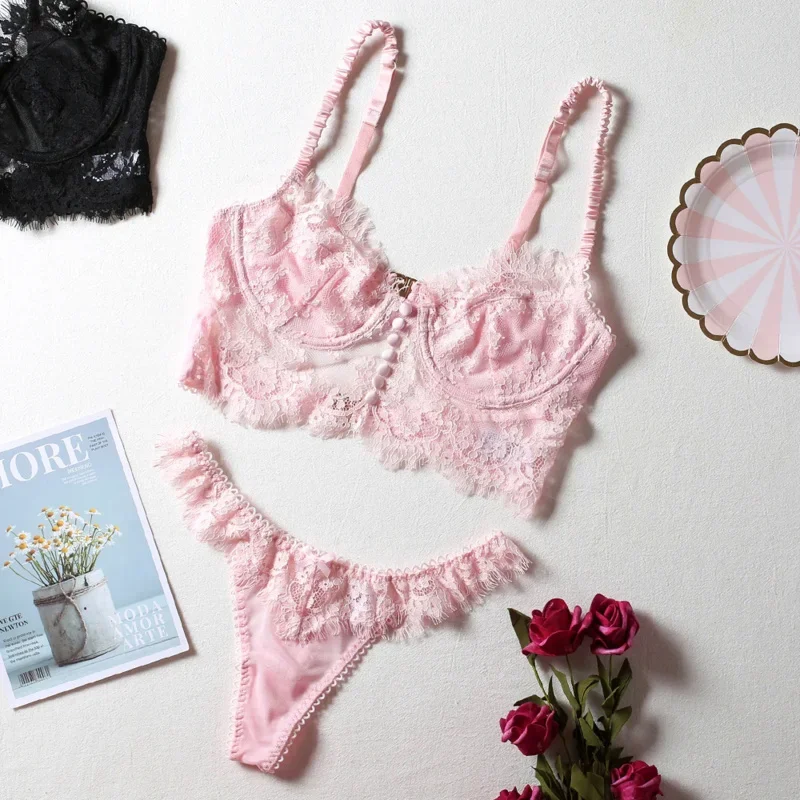 Large Size Lingerie Set Women's Underwear Sets Eyelash Brassiere Lace Lingerie Set Sex Lace Bralette Bra and Panty Pink Panties