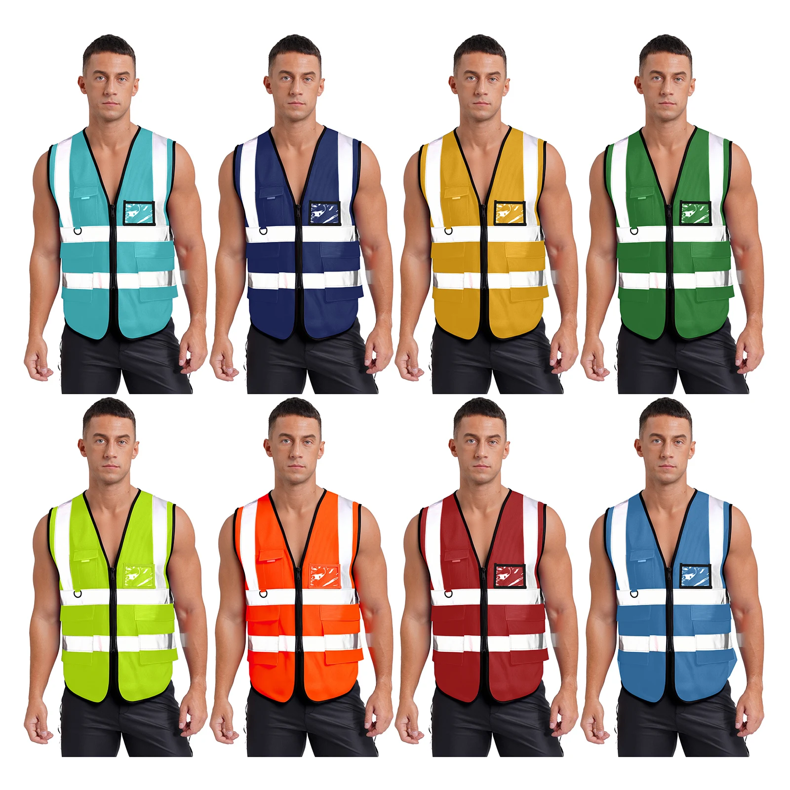 Gilet de sécurité réfléchissant haute visibilité pour hommes, col en V, sans manches, fermeture éclair, veste de travail avec multi-poches pour le cyclisme, les activités de plein air