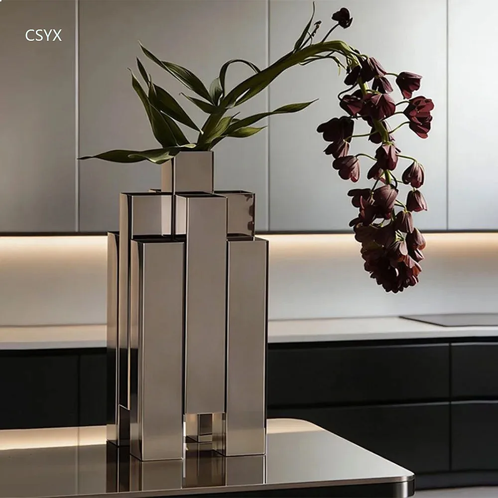 Stainless Steel Vases Modern Architecture Patchwork Drawing Geometry How High Vertical Metal Vases Desktop Art Ornaments