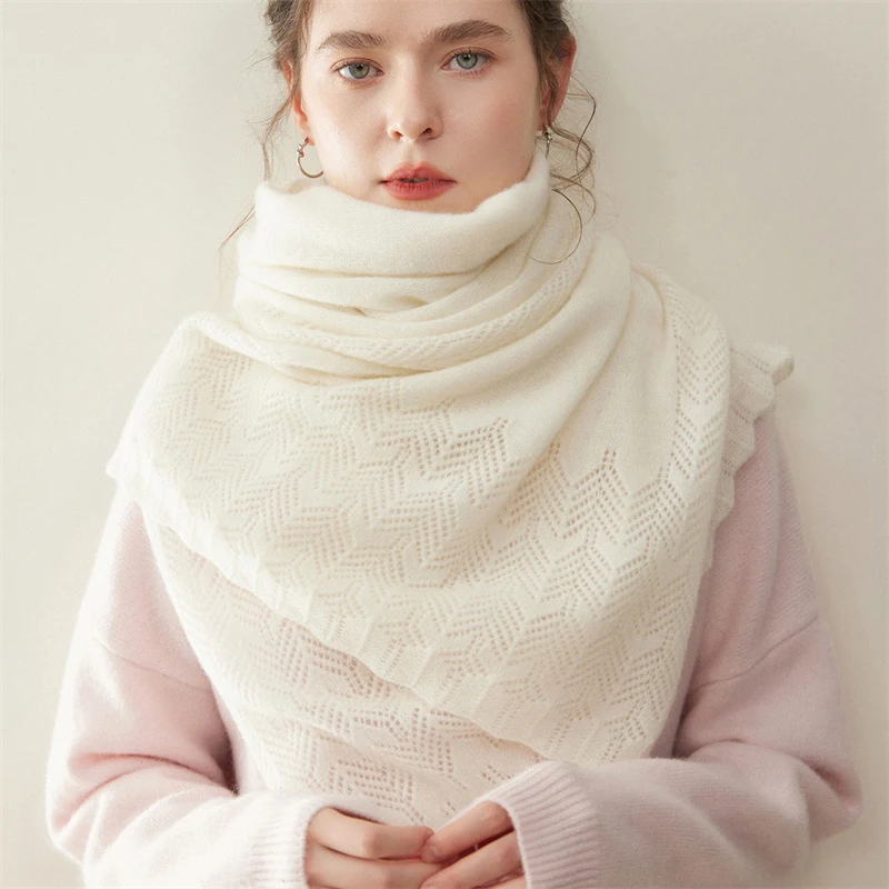 Women's A-Class 100% Pure Cashmere Scarf Shawl Knitted Solid Color Long Fashion Hollow Thickened Warm Neck Protection Scarf