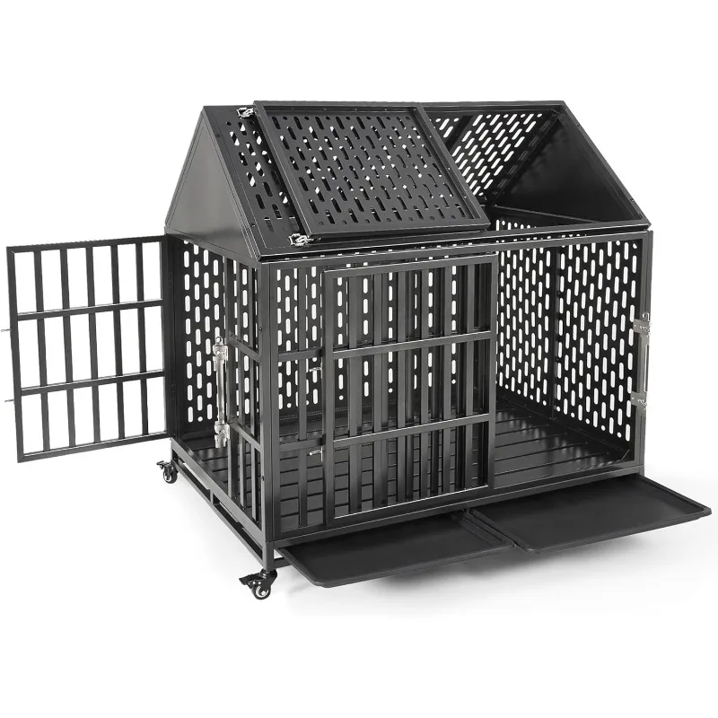 Duty Dog Crate Self-Locking Latch for High Anxiety Dogs,Indestructible Large Kennel Indoor,Removable Trays Lockable Wheels