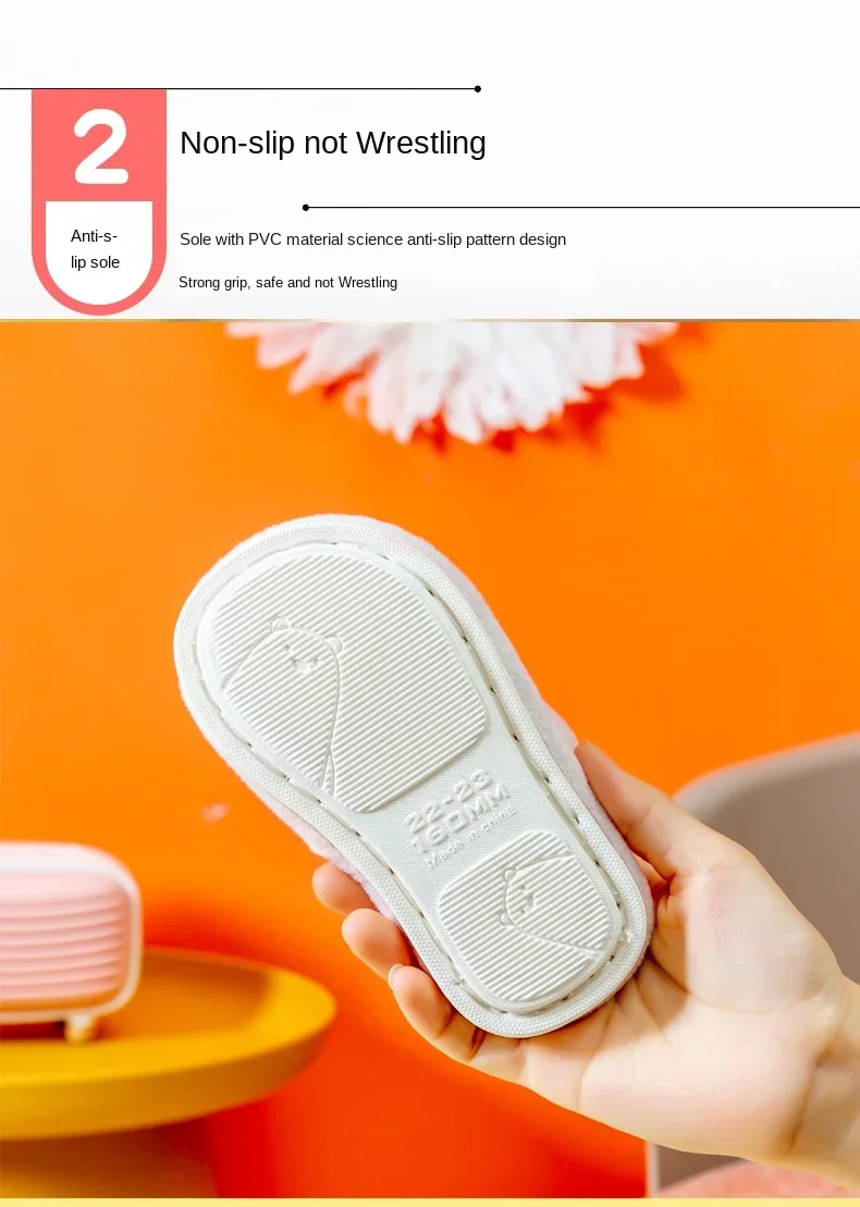 Kinder-Baumwoll-Hausschuhe, einfarbig, warm, für den Winter, für Jungen und Mädchen, mit Plüschfutter, für den Innenbereich, weiche Sohle, rutschfest, Baumwollschuhe. – Detail 6