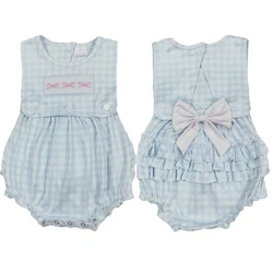 Wholesale Baby Girl Bodysuit Embroidery Bows Ruffle Bubble Newborn Children Coverall Sleeveless Blue Checked Toddler Kids Romper