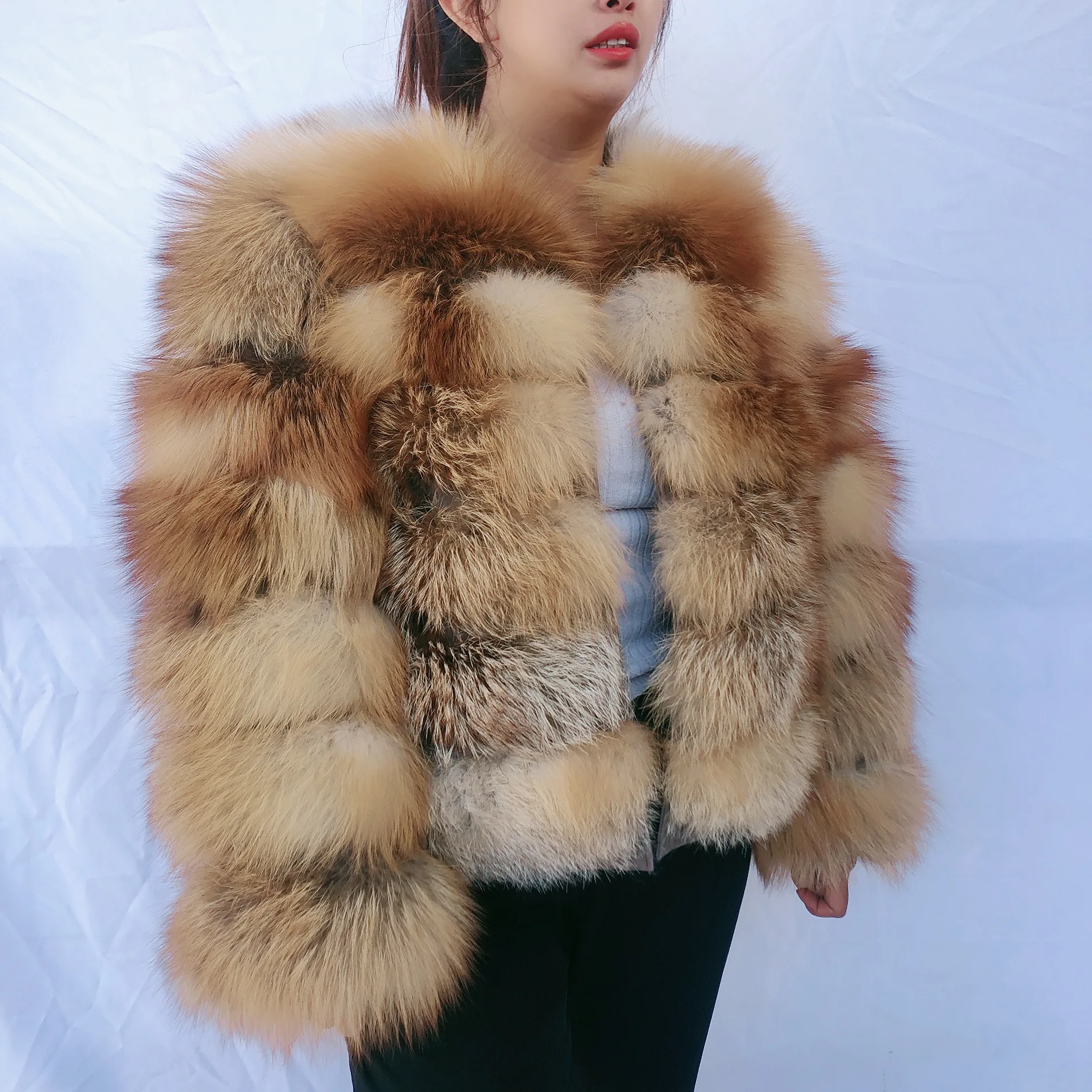 Real fox fur coat with full sleeves fluffy fur jacket for women winter fur coat warm raccoon fur jacket