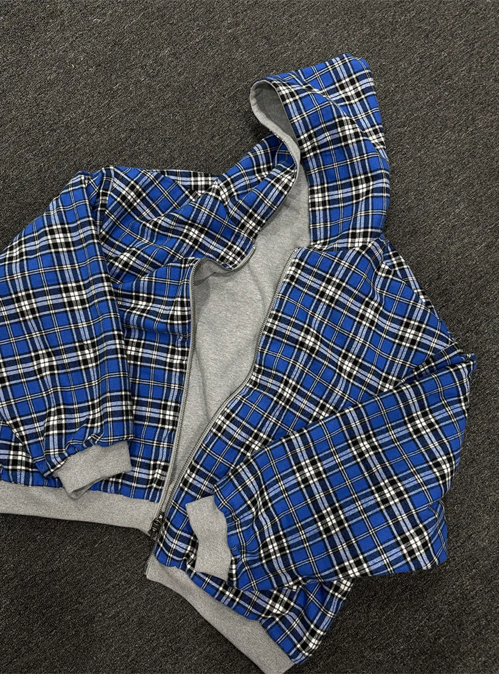 Casual and fashionable Y2K street zipper hooded jacket, gray men's and women's blue checkered lining sportswear, autumn top