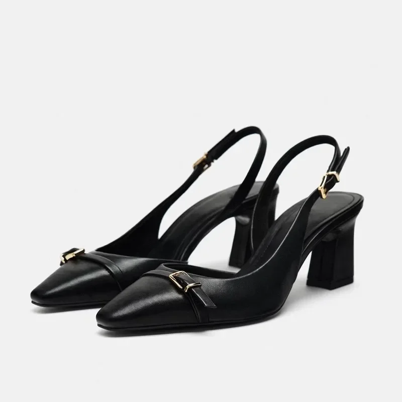 Designer Autumn High Heel Shoes for Ladies Vintage Black Square Head Belt Buckle Decoration Plus Size Professional Women\'s Pumps