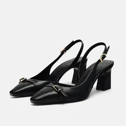 Designer Autumn High Heel Shoes for Ladies Vintage Black Square Head Belt Buckle Decoration Plus Size Professional Women's Pumps