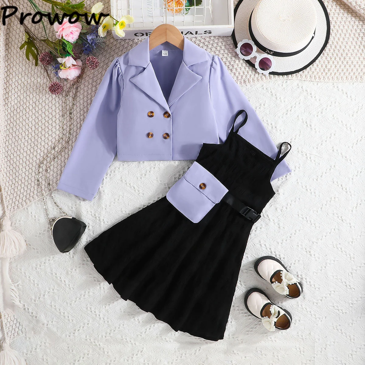 Prowow Teenager Kids Dresses For Girls Blazer Coat and Belted Dress With Waistpack 3pcs Set Teen Dress Children's Clothing Girls