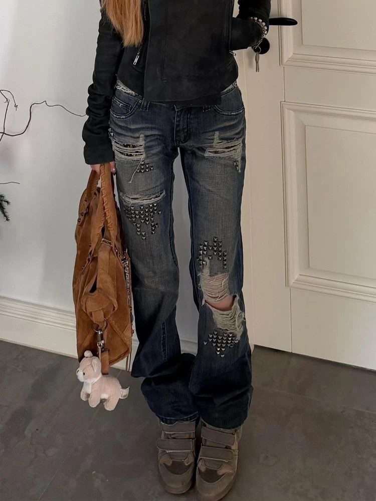 Amerikanische Sexy Hot Girl Nieten-Patchwork-Jeans Distressed Vintage Washed Damen Streetwear Y2k Retro Hosen Slim Frühling Sommer