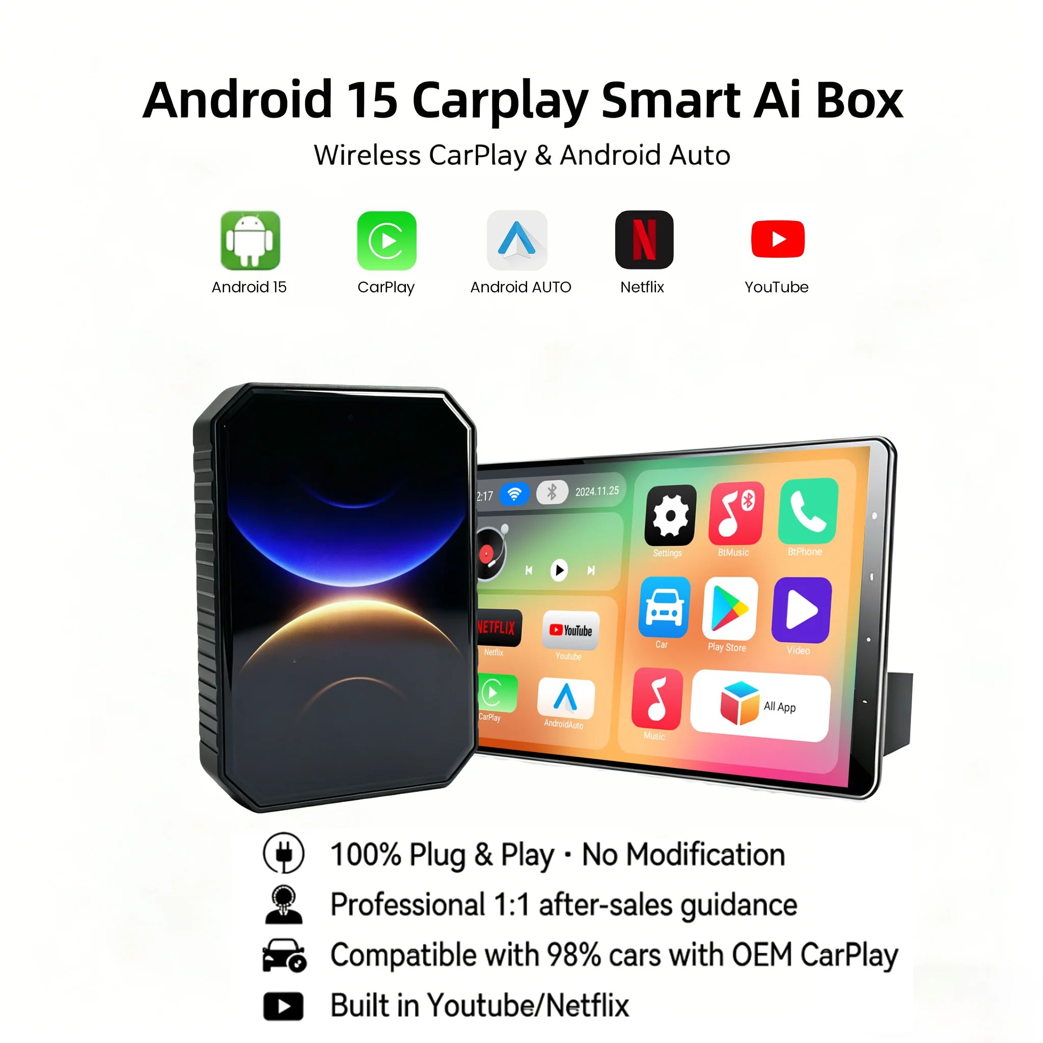 PLAYAIBOX CarPlay Smart AI Box Android 15 System TV Box Car Multimedia Player Built in Netflix Youtube Wireless Android Auto