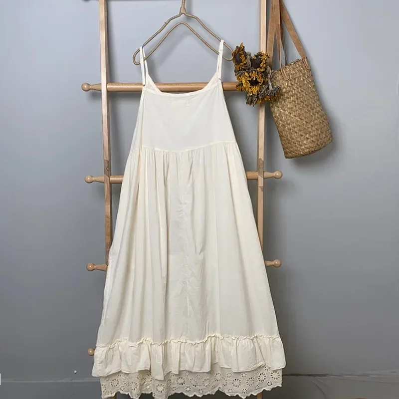 Vestido Midi de algodão sem mangas para menina, cintas de espaguete, vintage elegante, renda eduardiana, flare em camadas, vestido solar branco, verão, Mori, 2024