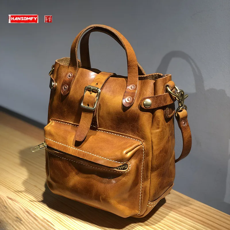 Retro Thick Leather Vegetable Tanned Cowhide Leather Women's Handbags Small Bag Portable Shoulder Crossbody Women's Tote Bag