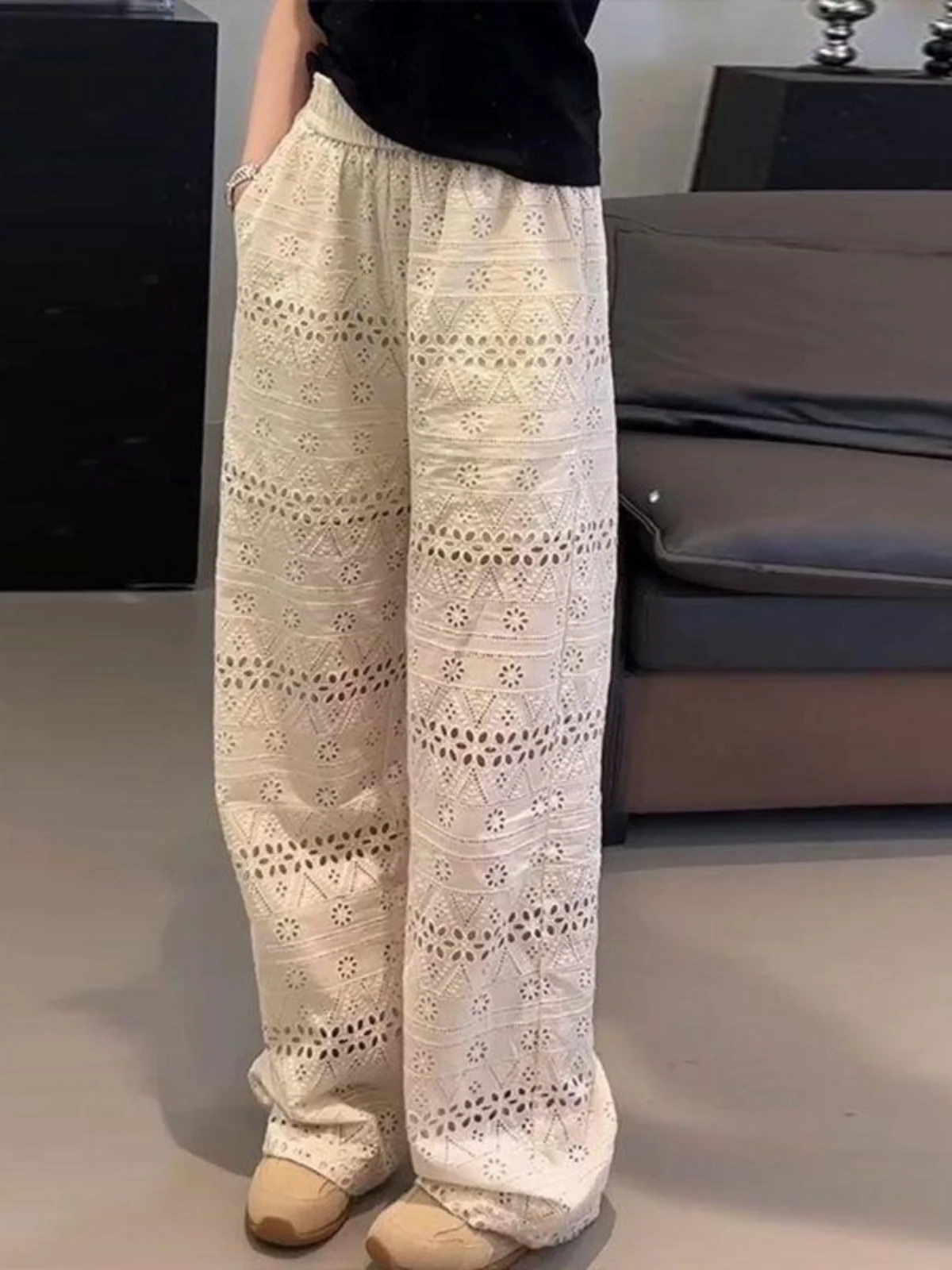 

Plus Size Women's High Waist Cotton Linen Straight Leg Pants Spring Summer New Sle Breathable Lace Hollow out Casual Wide Leg...
