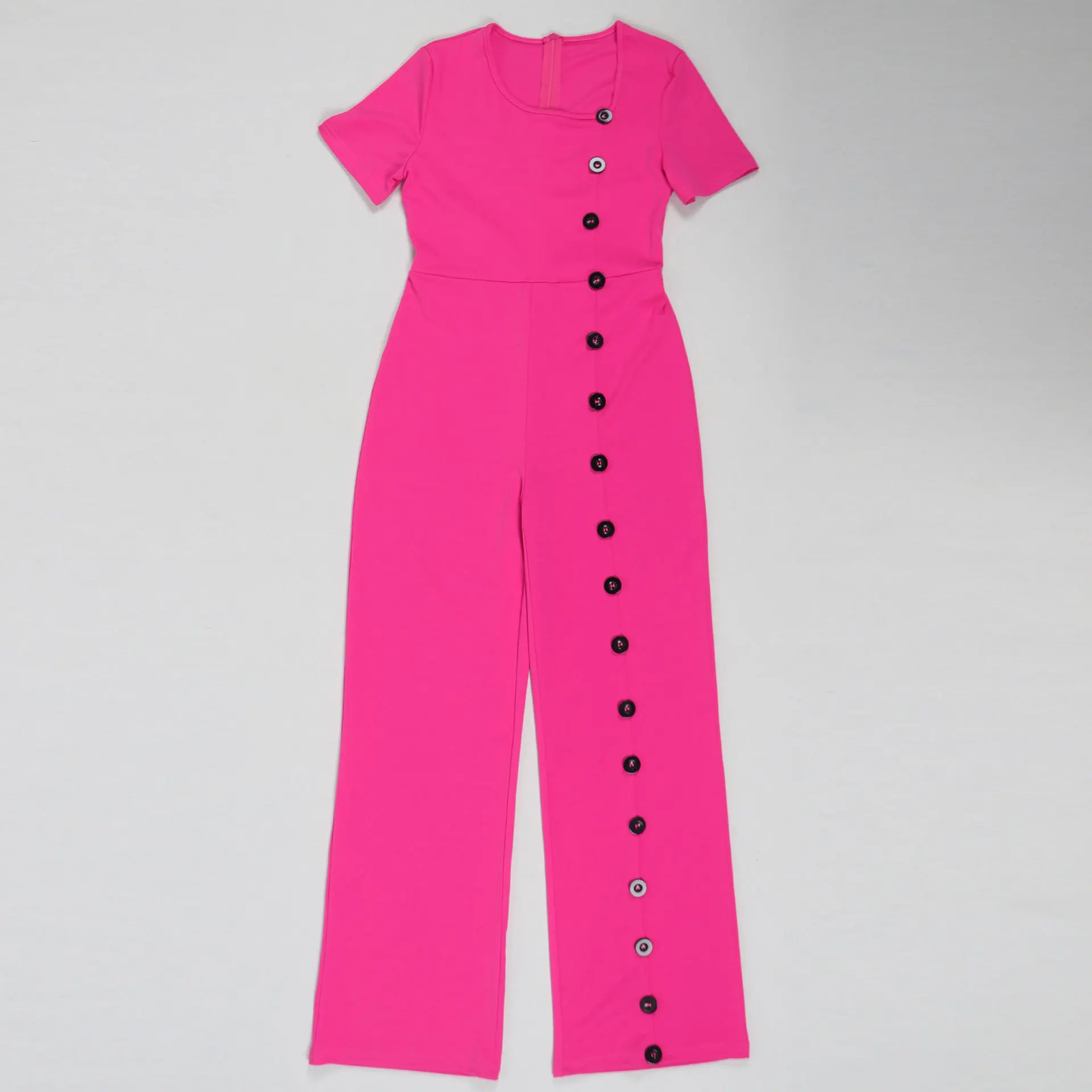 Monos largos elegantes para mujer para fiesta, verano 2021, botones de manga corta, pantalones de pierna ancha de Color sólido, peleles, monos de una pieza