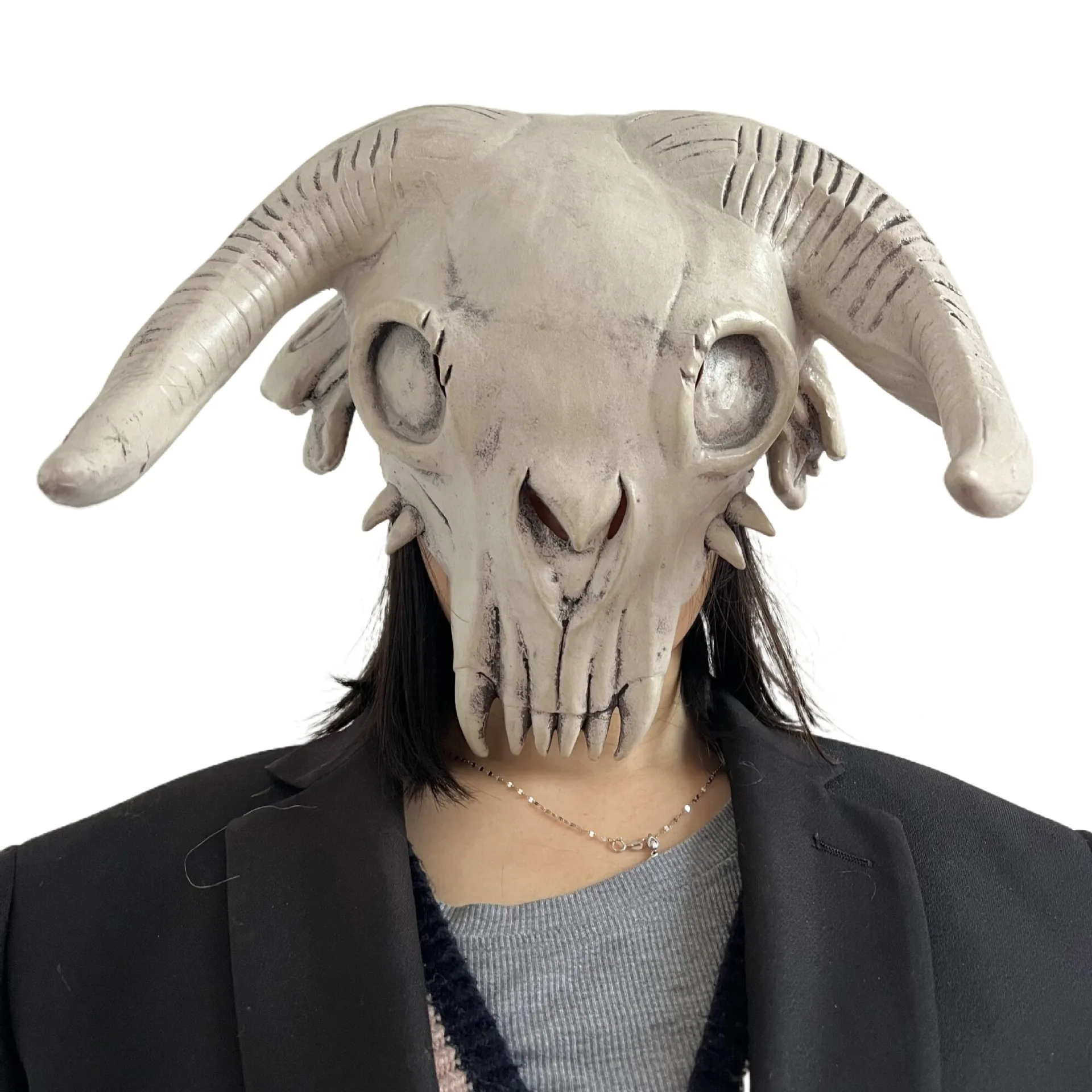 Ziegenschädelmaske mit großen, geschwungenen Hörnern, Latex-Tierknochenmaske, Halloween-Cosplay-Kostüm-Kopfmaske für Partys und Verkleidungen. – Detail 1