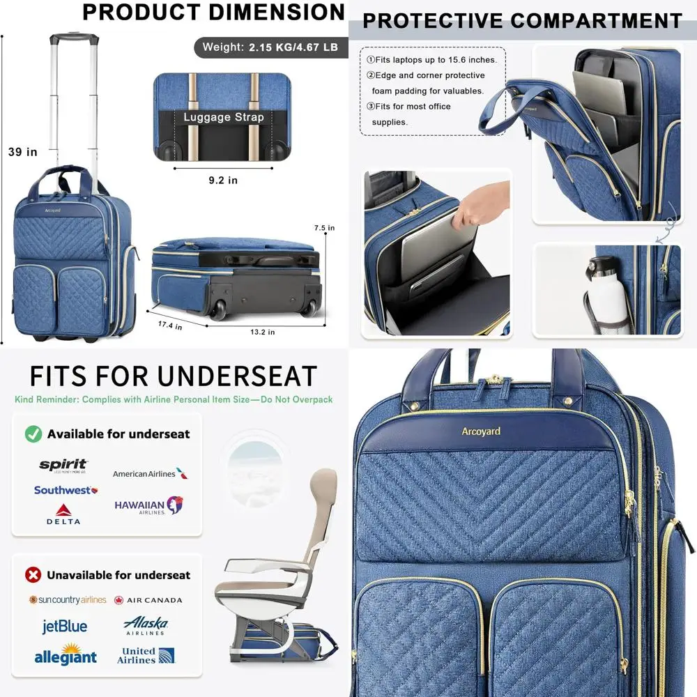 

Сумка для ручной клади на колесиках, одобренная авиакомпанией, несколько карманов, кожаная ручка, легкий чемодан для женщин, джинсовый синий,